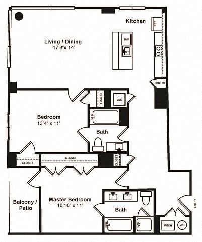 Floor plan for 2 beds, 2 baths, 1031 sqft